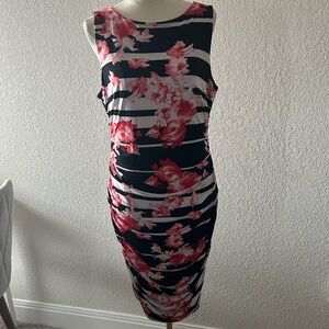 Thalia Sodi Black, White and and Red and Pink Floral Midi Ruched Dress